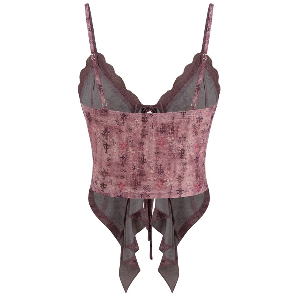 Cider Carmine Lace Ruffle Tie-Front Floral Cami Top – Size L (US 8) - Picture 3 of 3